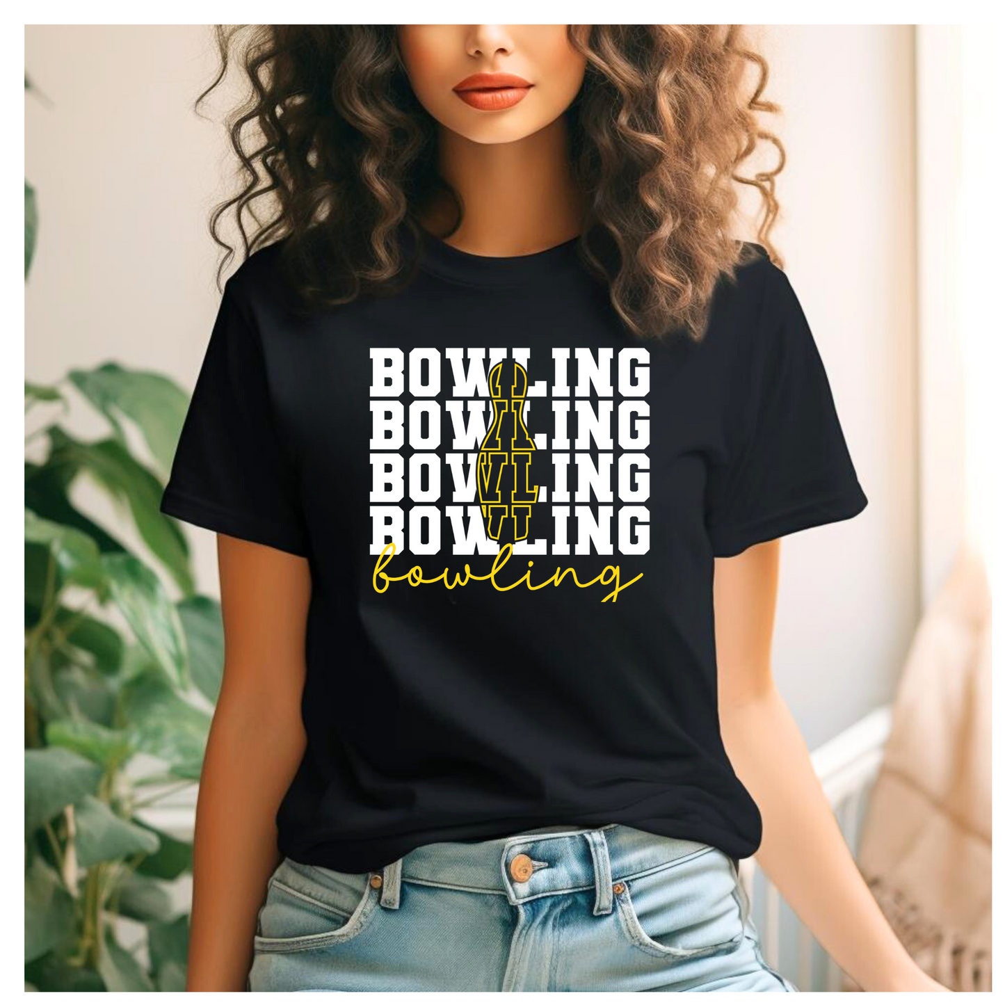Bowling Design-Yellow and White on Black Shirt
