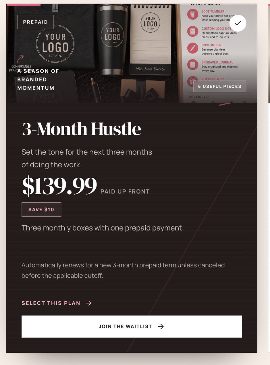 A promotional graphic for a prepaid 3-month box service called '3-Month Hustle'. The design features a dark brown and black color scheme with white text.