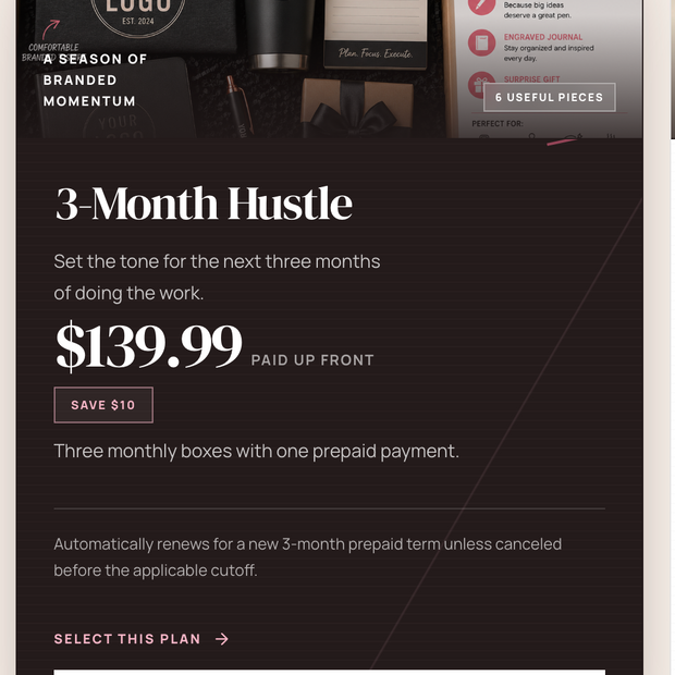 A promotional graphic for a prepaid 3-month box service called '3-Month Hustle'. The design features a dark brown and black color scheme with white text.