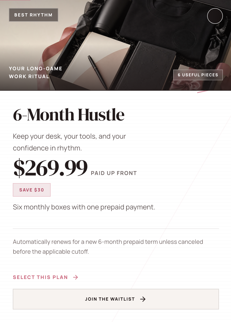A promotional graphic for a '6-Month Hustle' work ritual plan. The top section features a dark, moody photo of a desk setup with a notebook, pen, and laptop, captioned with 'BEST RHYTHM', 'YOUR LONGO-GAME WORK RITUAL', and '6 USEFUL PIECES'.
