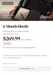 A promotional graphic for a '6-Month Hustle' work ritual plan. The top section features a dark, moody photo of a desk setup with a notebook, pen, and laptop, captioned with 'BEST RHYTHM', 'YOUR LONGO-GAME WORK RITUAL', and '6 USEFUL PIECES'.