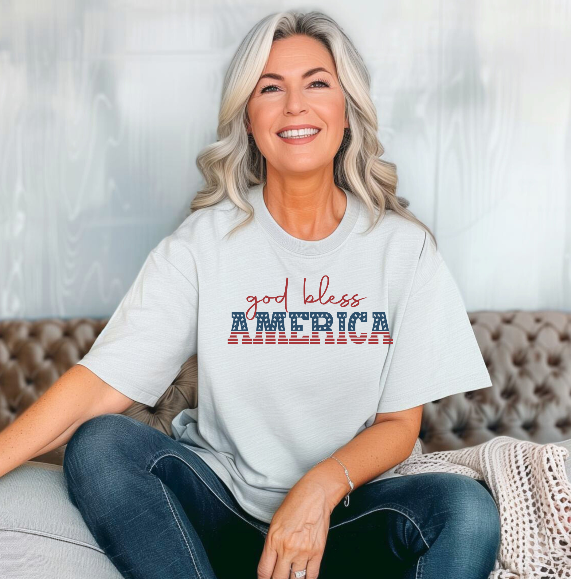 God Bless America T-Shirt - Patriotic Stars & Stripes Tee Gray Shirt