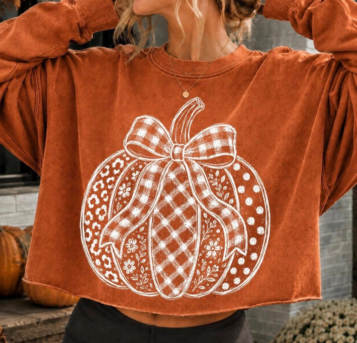 Patterned Pumpkin with Bow--In the personalization field put color and size of shirt